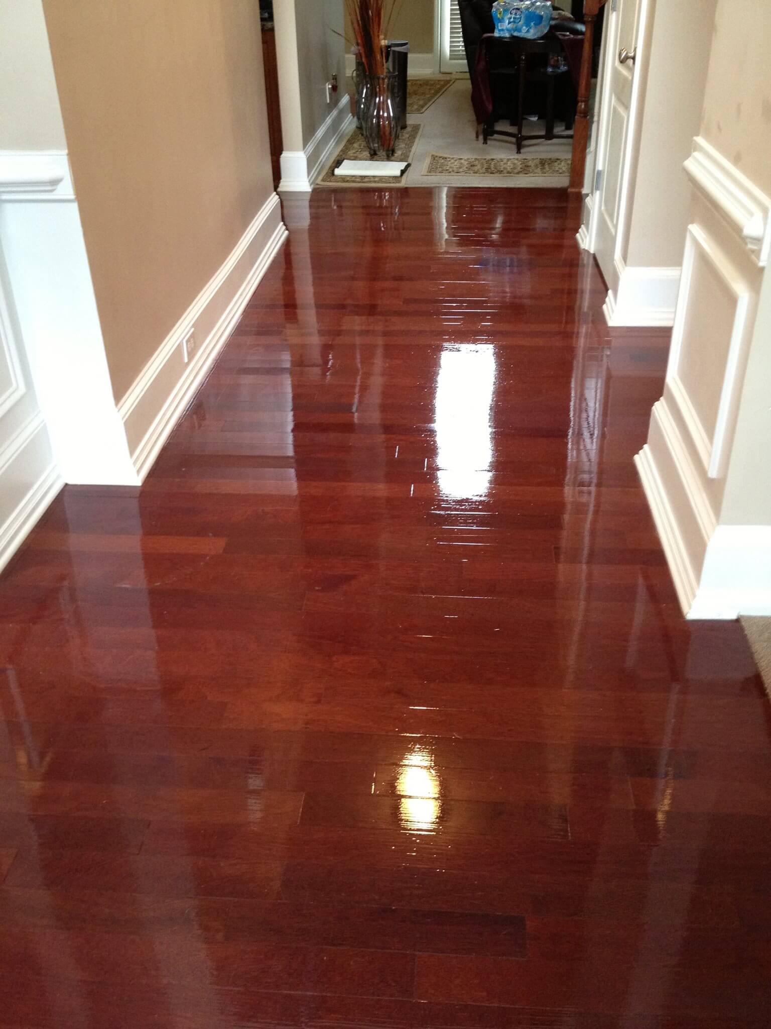 A photo taken after a hardwood floor refinishing