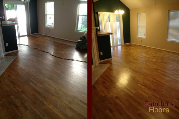 before and after of a hardwood floor refinishing project in forest hills, tn