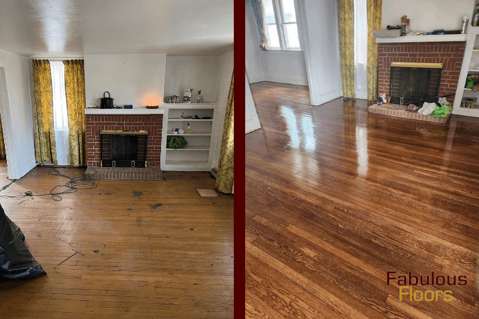 before and after floor refinishing in a living room in charlotte, tn