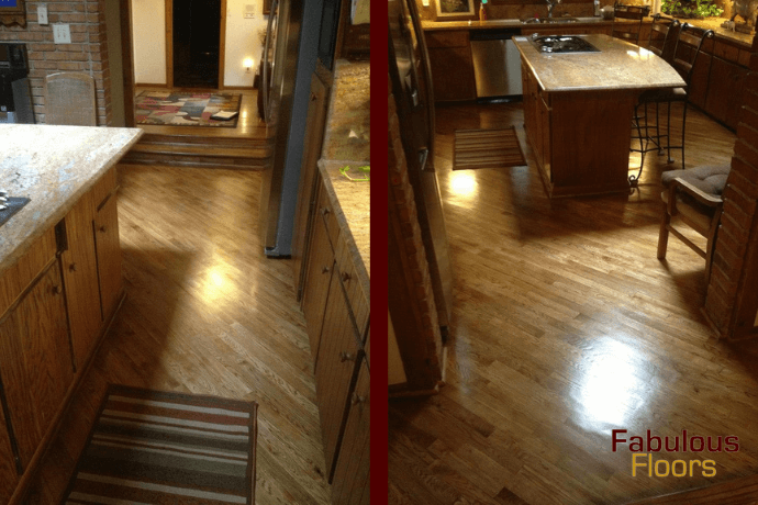 before and after of a hardwood resurfacing job in a charlotte kitchen