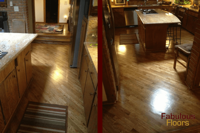 Resurfacing August 23 before and after of a hardwood resurfacing job in a charlotte kitchen