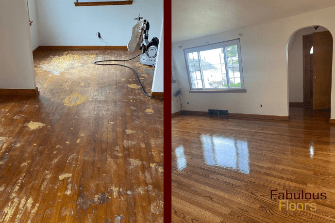 before and after a hardwood refinishing service in portland, tn